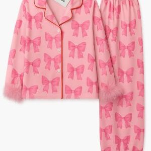 pink bow print pyjama set with faux fur trim. ages 1 12yrs prices (600/ wholesale 10pcs retail price450/