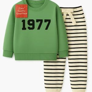 kids' "1977" crewneck sweatshirt and striped joggers 2 piece set. ages 1 12yrs prices (600/ wholesale 10pcs