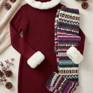 cozy holiday set featuring a ribbed burgundy sweater dress. ages 1 12yrs prices (600/ wholesale 10pcs