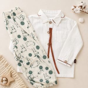 linen style shirt & cartoon jogger set. age 3yrs prices (600/ wholesale 10pcs