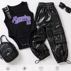 bodysuit & high shine cargo jogger set. ages 8 9yrs prices (600/ wholesale 10pcs