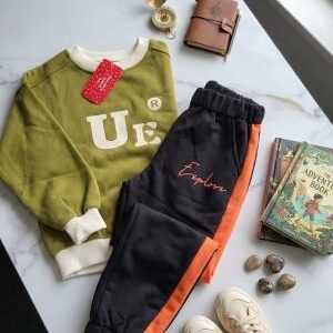 olive sweatshirt & side stripe jogger set.