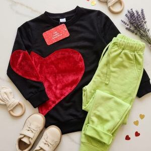 velvet heart sweatshirt & lime green jogger set. ages 1 12yrs prices (600/ wholesale 10pcs