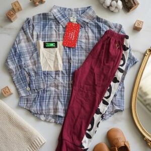 plaid button down shirt & maroon jogger set.ages 1 2yrs prices (600/ wholesale 10pcs