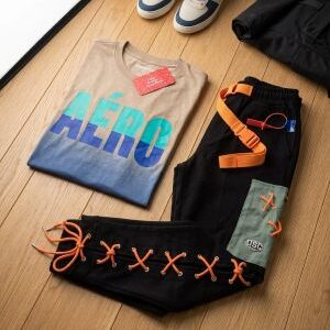 tee & lace up streetwear cargo pants set.