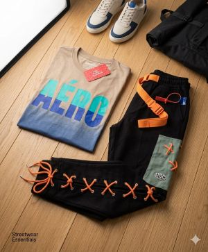 tee & lace up streetwear cargo pants set. tee & lace up streetwear cargo pants set.