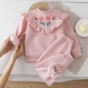 girls' pink floral ruffle sweatshirt & jogger set. ages 1 12yrs prices (600/ wholesale 10pcs
