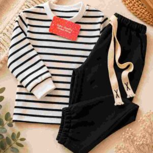 kids striped top & black jogger set. ages 1 12yrs prices (600/ wholesale 10pcs